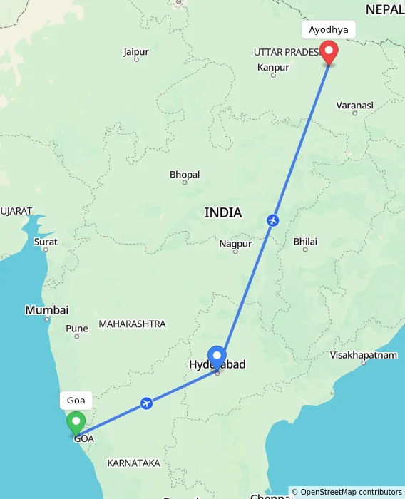 Route map showing distance and travel time from Goa, India to Ayodhya, India