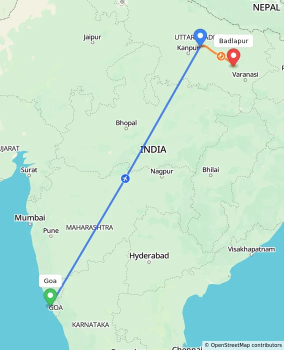 Route map showing distance and travel time from Goa, India to Badlapur, India