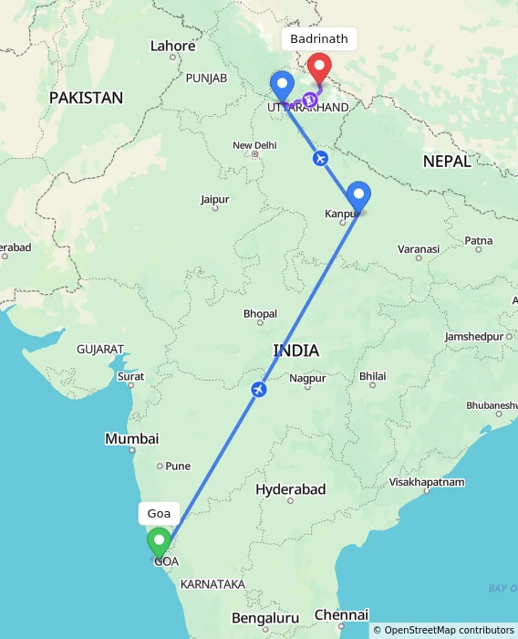 Route map showing distance and travel time from Goa, India to Badrinath, India