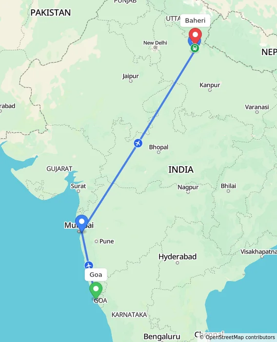 Route map showing distance and travel time from Goa, India to Baheri, India