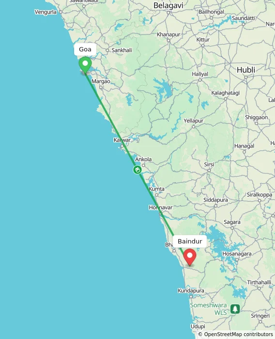 Route map showing distance and travel time from Goa, India to Baindur, India