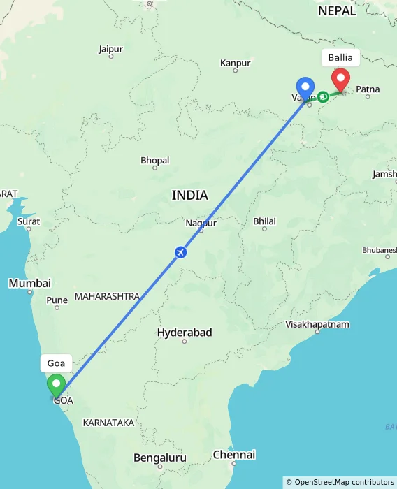 Route map showing distance and travel time from Goa, India to Ballia, India