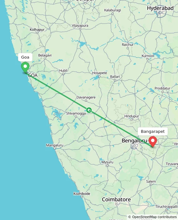 Route map showing distance and travel time from Goa, India to Bangarapet, India
