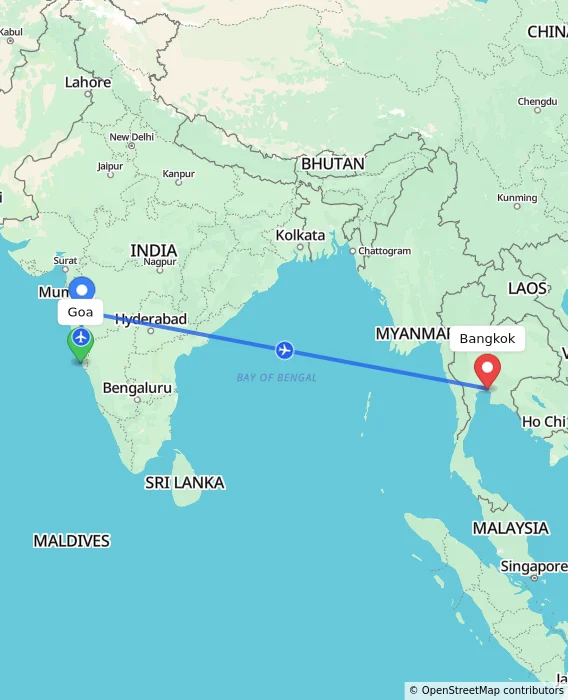 Route map showing distance and travel time from Goa, India to Bangkok, Thailand