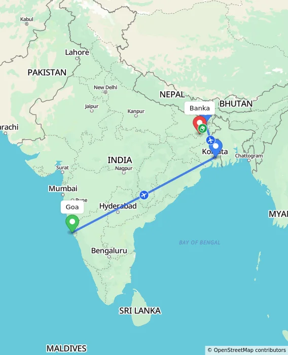 Route map showing distance and travel time from Goa, India to Banka, India
