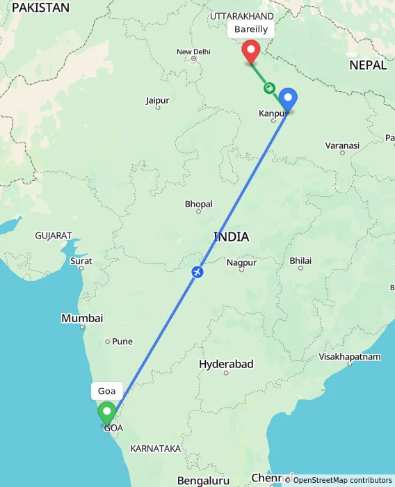 Route map showing distance and travel time from Goa, India to Bareilly, India