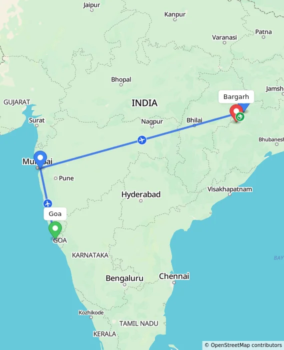 Route map showing distance and travel time from Goa, India to Bargarh, India