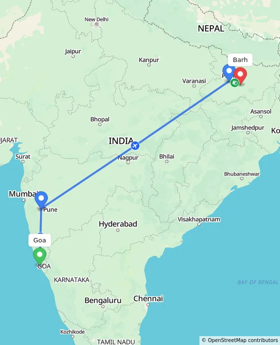 Route map showing distance and travel time from Goa, India to Barh, India