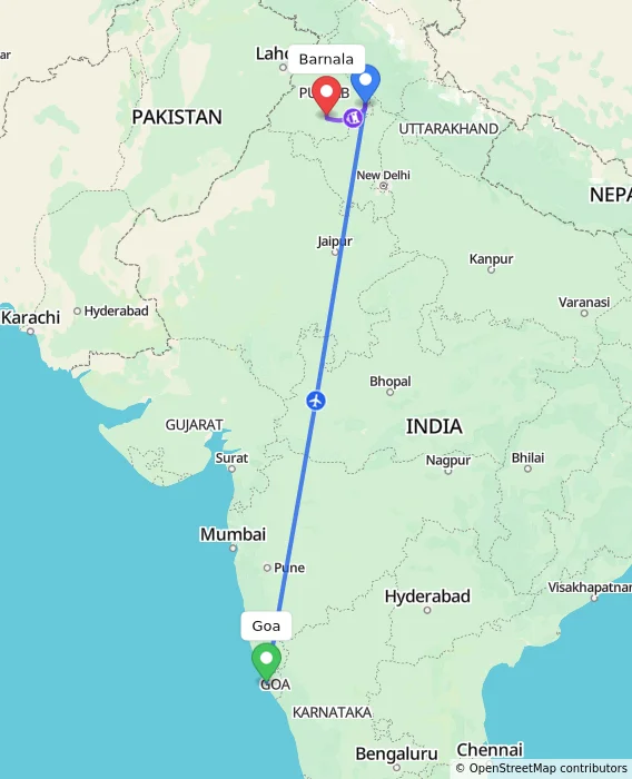 Route map showing distance and travel time from Goa, India to Barnala, India