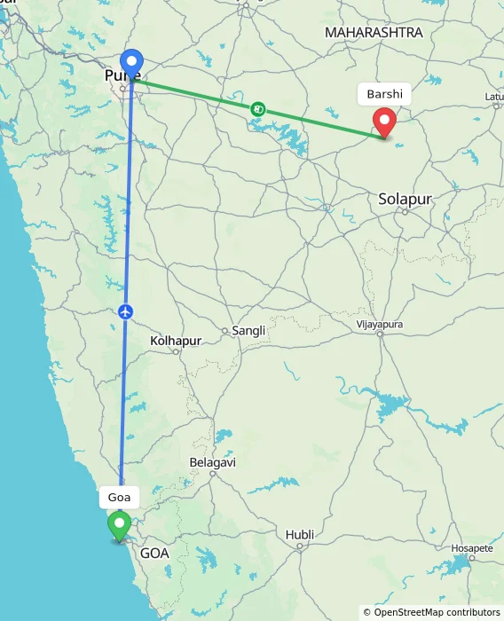 Route map showing distance and travel time from Goa, India to Barshi, India