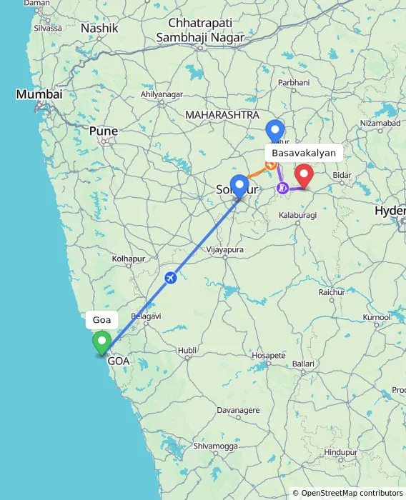 Route map showing distance and travel time from Goa, India to Basavakalyan, India