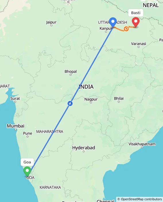 Route map showing distance and travel time from Goa, India to Basti, India