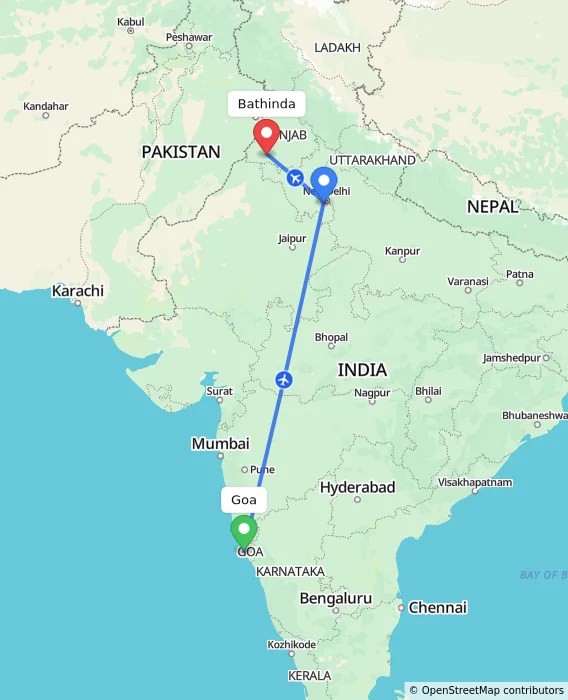 Route map showing distance and travel time from Goa, India to Bathinda, India