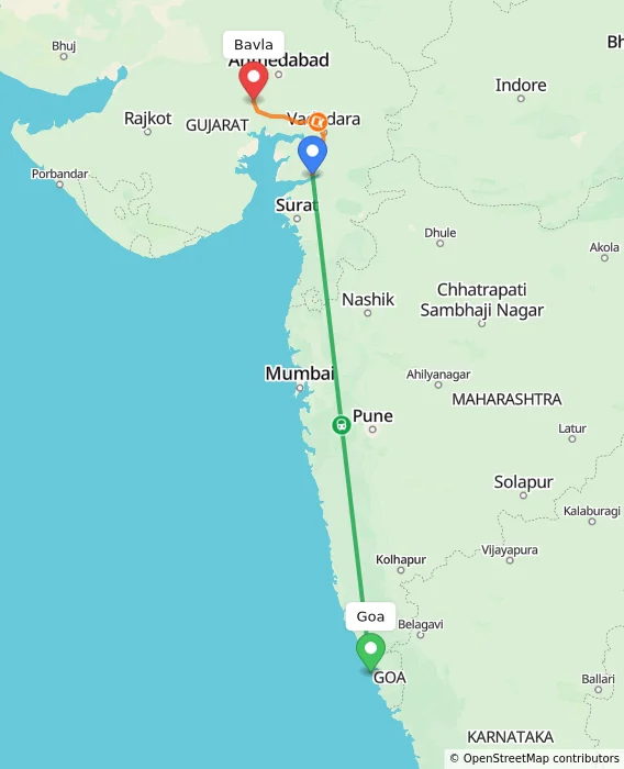 Route map showing distance and travel time from Goa, India to Bavla, India