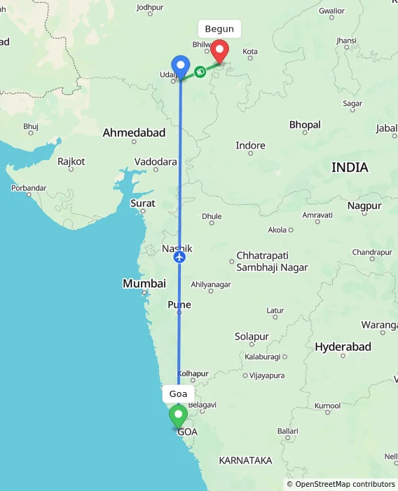 Route map showing distance and travel time from Goa, India to Begun, India