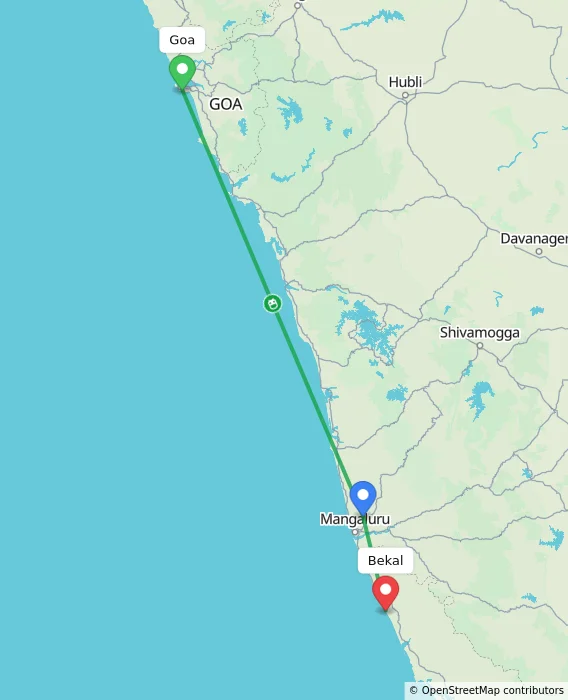 Route map showing distance and travel time from Goa, India to Bekal, India