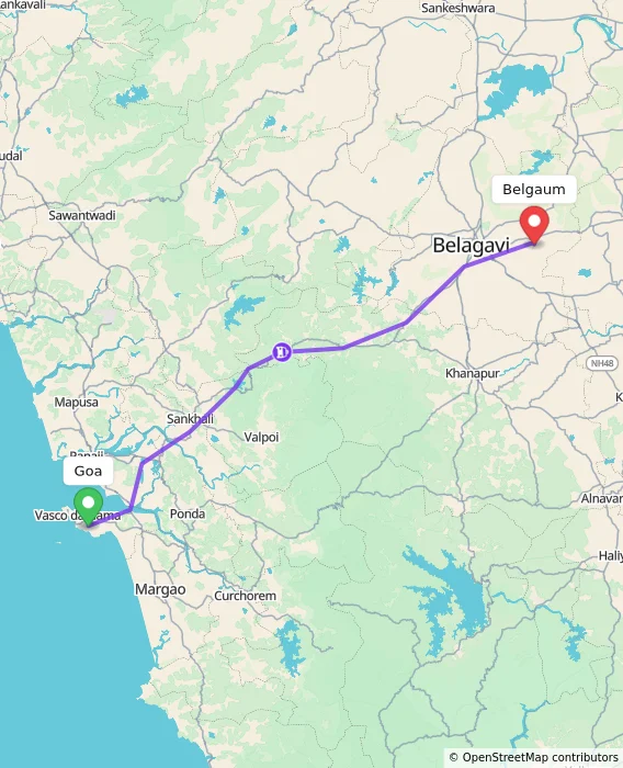 Route map showing distance and travel time from Goa, India to Belgaum, India
