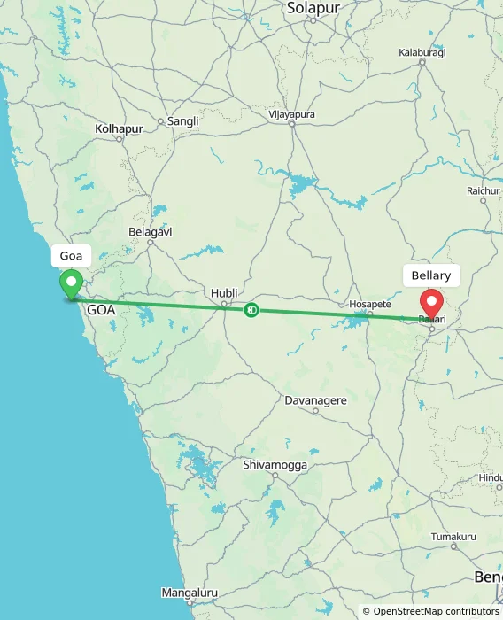 Route map showing distance and travel time from Goa, India to Bellary, India