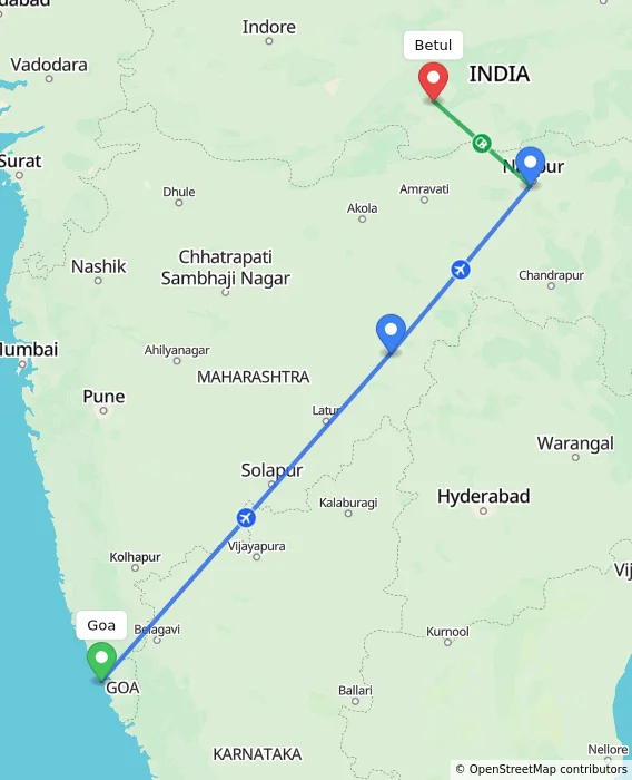 Route map showing distance and travel time from Goa, India to Betul, India