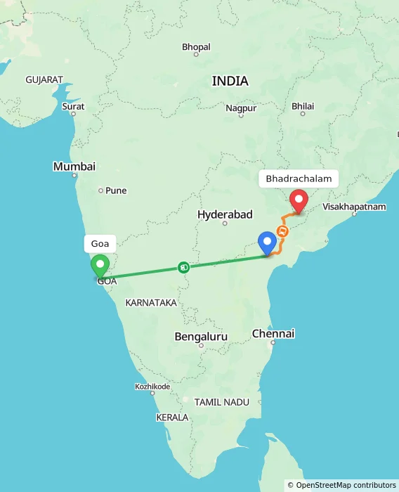 Route map showing distance and travel time from Goa, India to Bhadrachalam, India