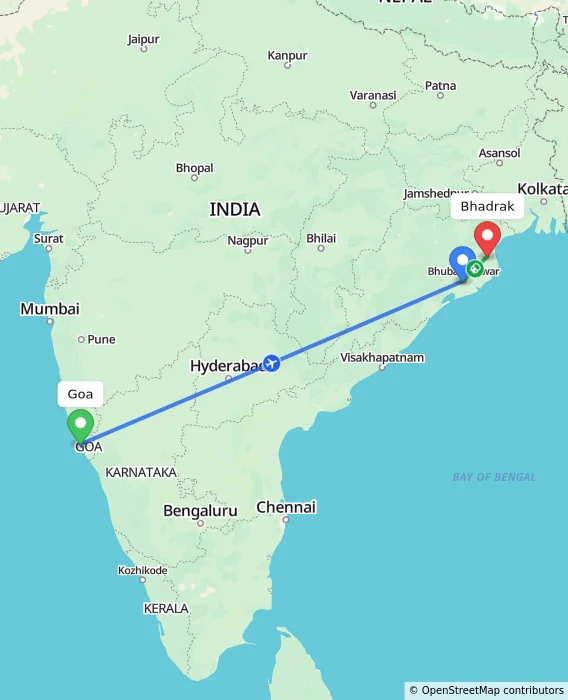 Route map showing distance and travel time from Goa, India to Bhadrak, India