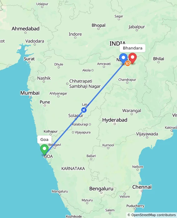 Route map showing distance and travel time from Goa, India to Bhandara, India