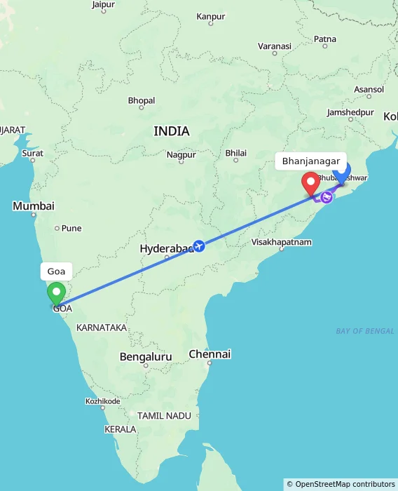 Route map showing distance and travel time from Goa, India to Bhanjanagar, India