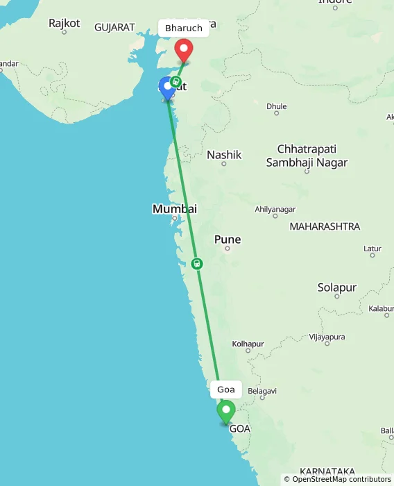 Route map showing distance and travel time from Goa, India to Bharuch, India
