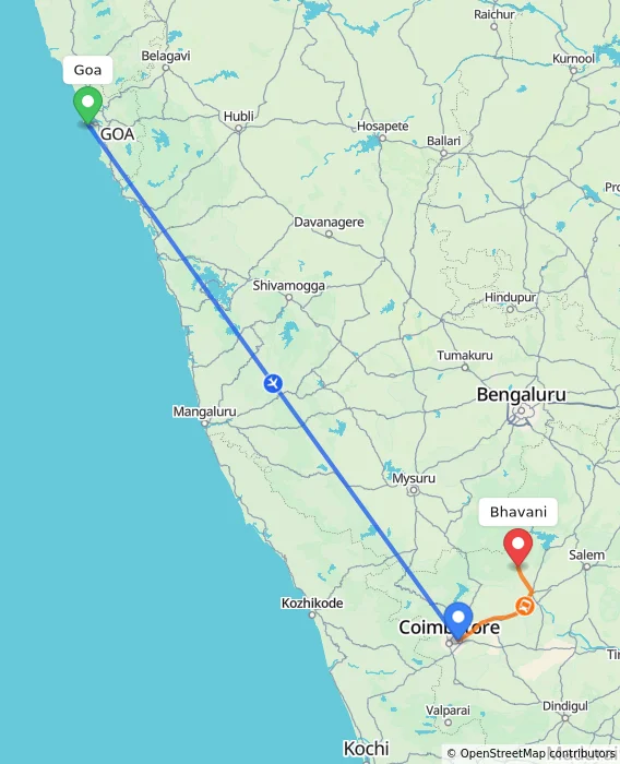 Route map showing distance and travel time from Goa, India to Bhavani, India