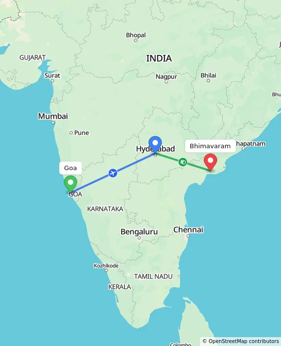Route map showing distance and travel time from Goa, India to Bhimavaram, India