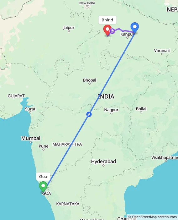 Route map showing distance and travel time from Goa, India to Bhind, India