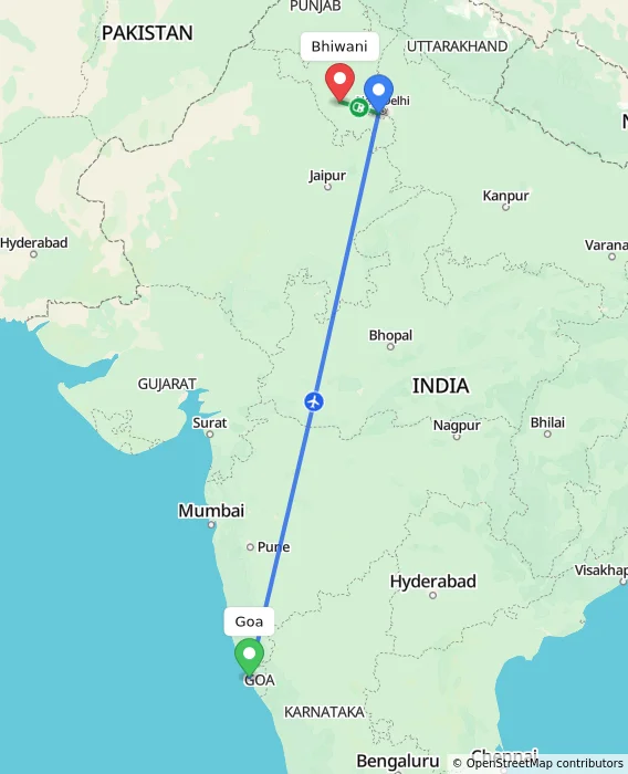 Route map showing distance and travel time from Goa, India to Bhiwani, India