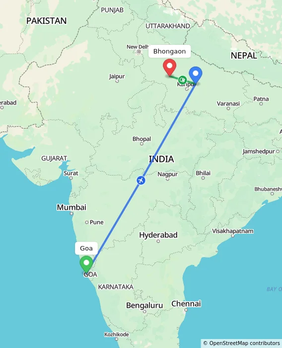 Route map showing distance and travel time from Goa, India to Bhongaon, India