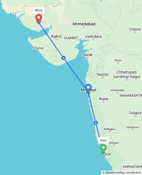 Route map showing distance and travel time from Goa, India to Bhuj, India