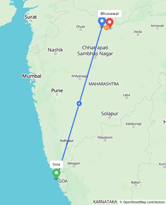Route map showing distance and travel time from Goa, India to Bhusawal, India