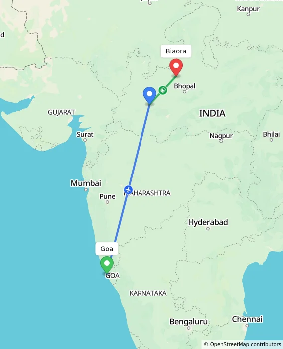 Route map showing distance and travel time from Goa, India to Biaora, India