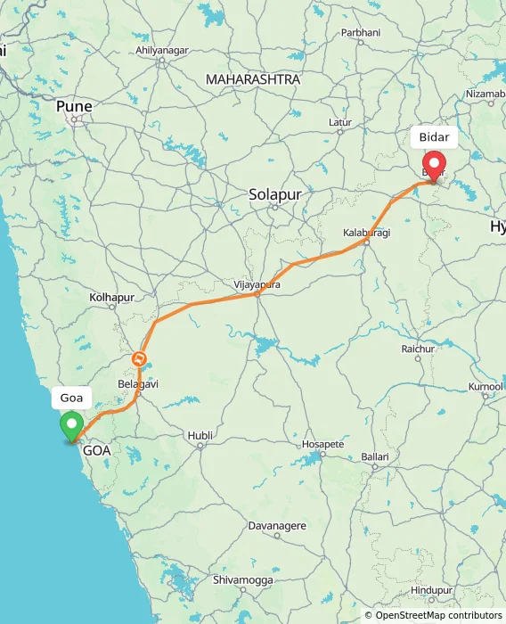 Route map showing distance and travel time from Goa, India to Bidar, India