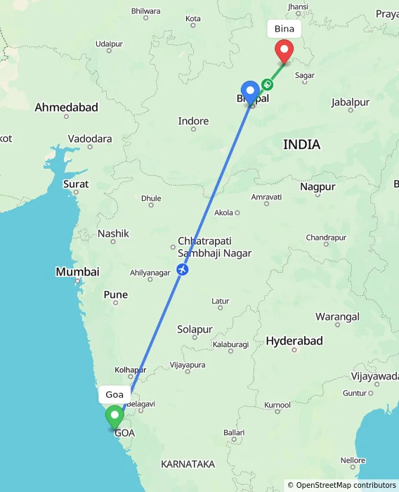 Route map showing distance and travel time from Goa, India to Bina, India
