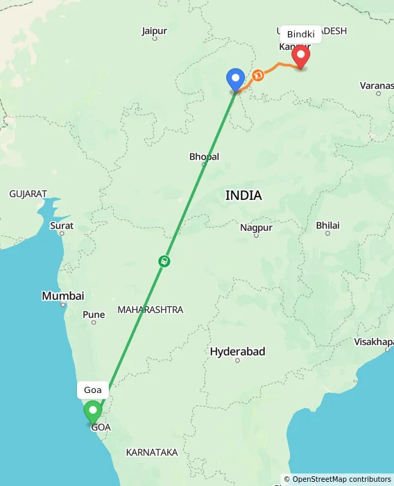 Route map showing distance and travel time from Goa, India to Bindki, India