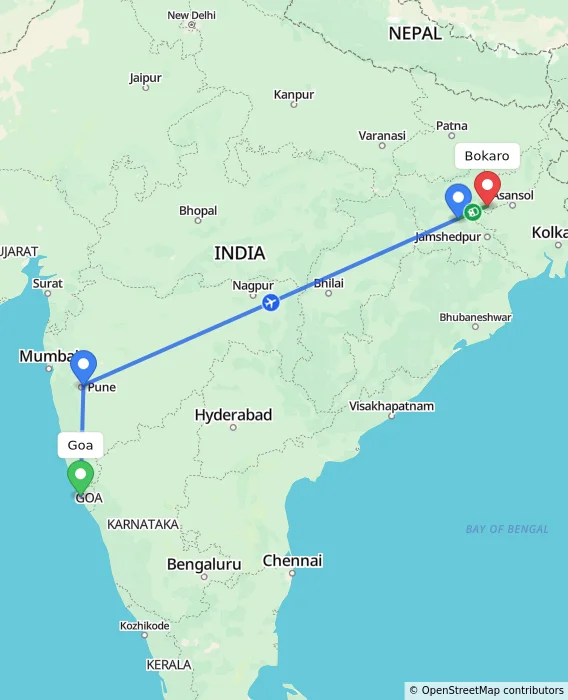 Route map showing distance and travel time from Goa, India to Bokaro, India
