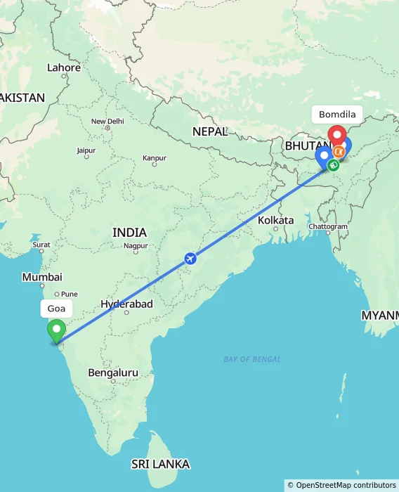 Route map showing distance and travel time from Goa, India to Bomdila, India