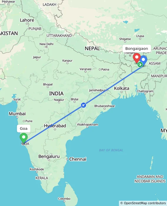 Route map showing distance and travel time from Goa, India to Bongaigaon, India