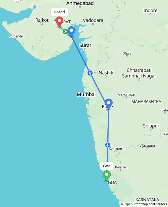 Route map showing distance and travel time from Goa, India to Botad, India