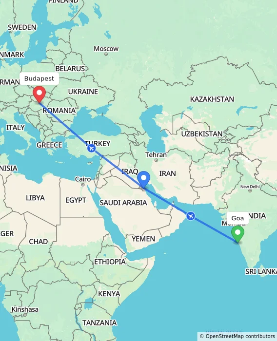 Route map showing distance and travel time from Goa, India to Budapest, Hungary