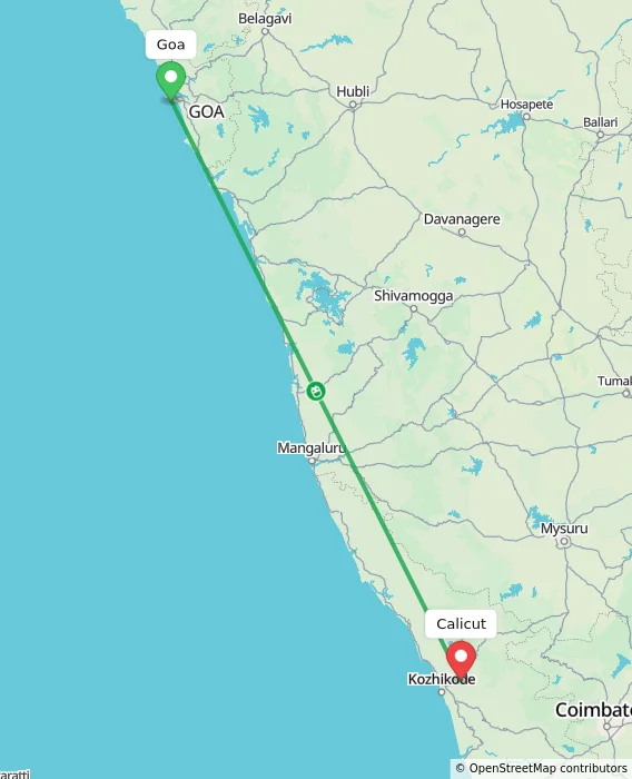 Route map showing distance and travel time from Goa, India to Calicut, India
