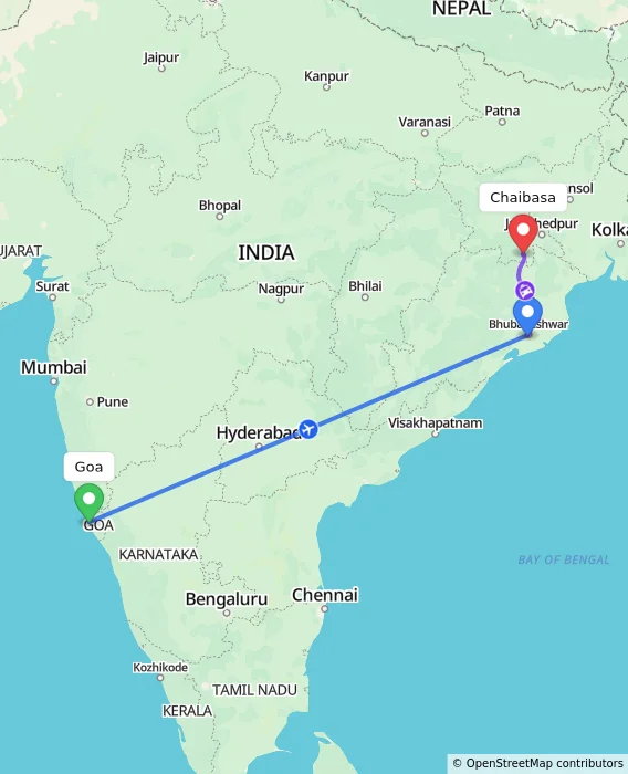 Route map showing distance and travel time from Goa, India to Chaibasa, India