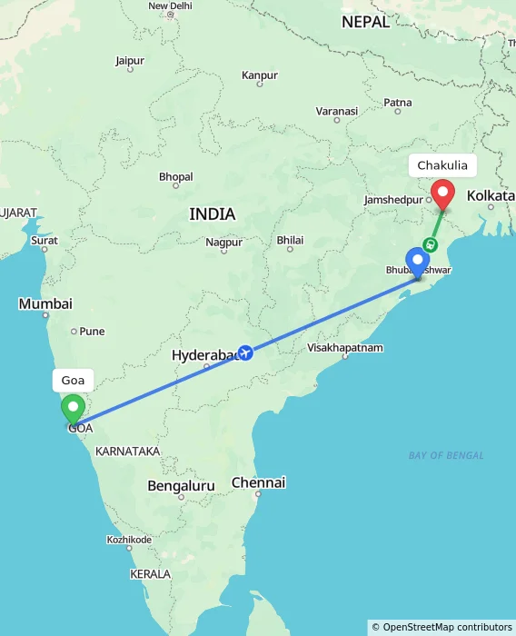 Route map showing distance and travel time from Goa, India to Chakulia, India