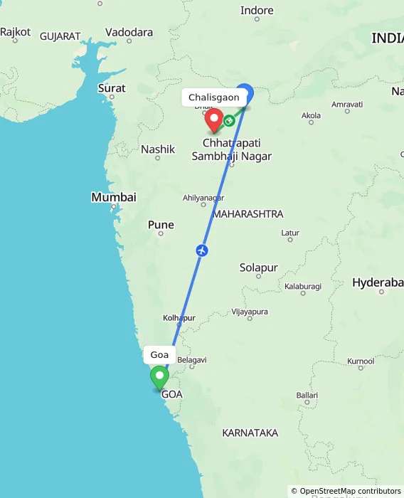 Route map showing distance and travel time from Goa, India to Chalisgaon, India