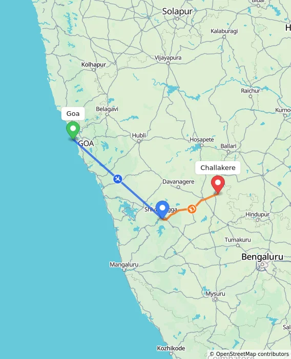 Route map showing distance and travel time from Goa, India to Challakere, India