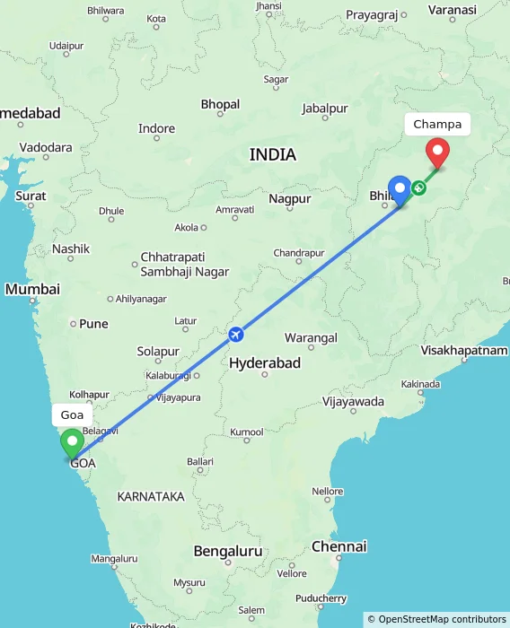 Route map showing distance and travel time from Goa, India to Champa, India